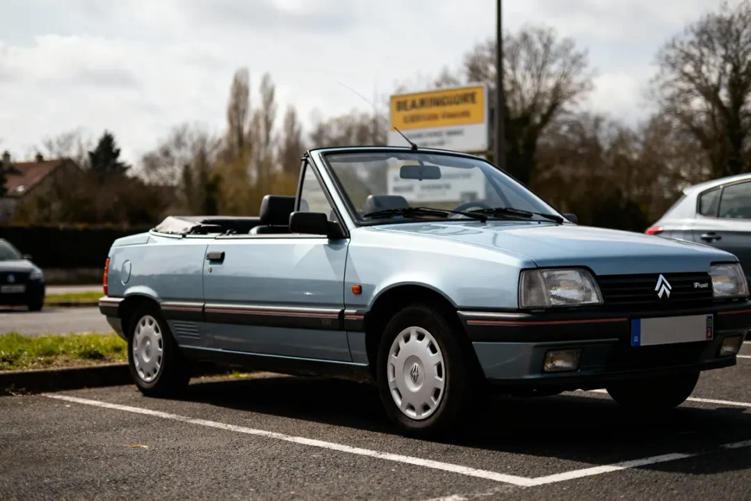 Voiture décapotable bleue Citroën garée sur un parking par temps nuageux. Arrière-plan arboré et signalisation.