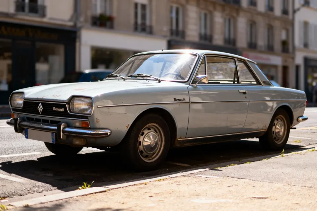 Voiture ancienne Renault grise garée en ville, bâtiment en arrière-plan, éclairage ensoleillé.