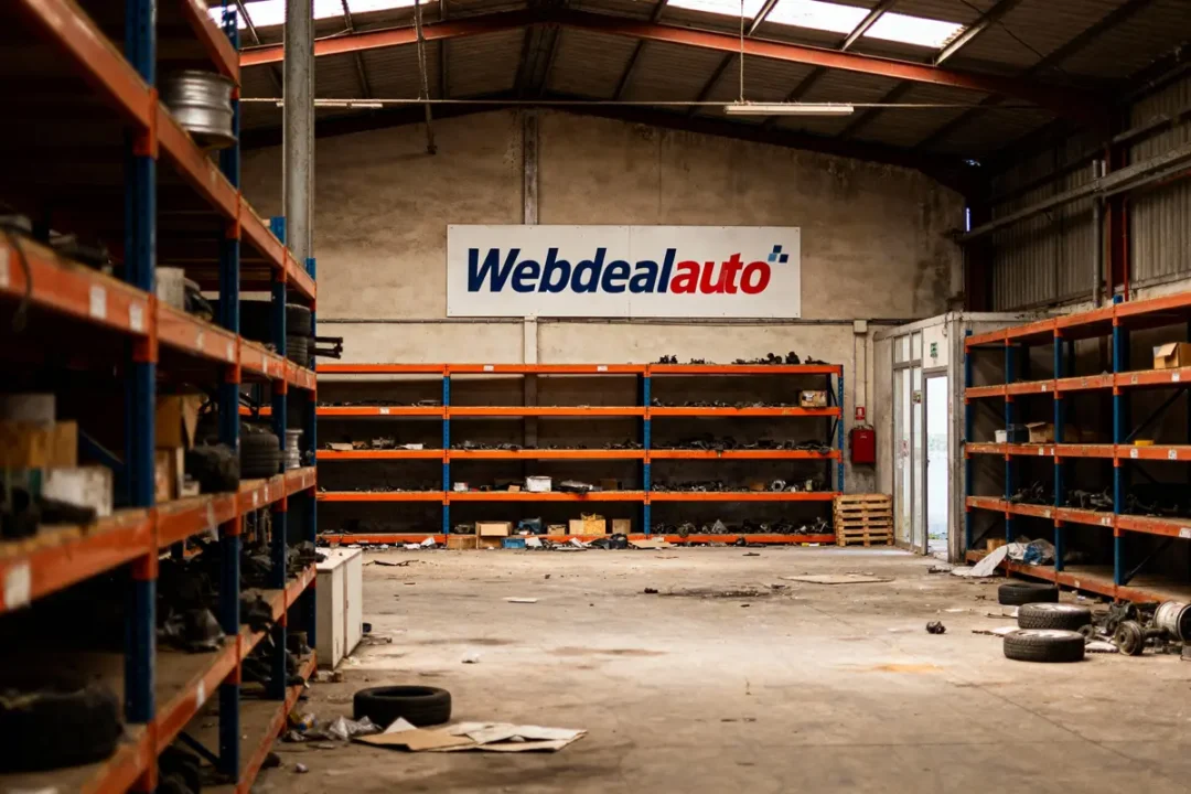 Entrepôt industriel, rayonnages bleus et orange, enseigne "Webdealauto", pneus et pièces auto entreposés, éclairage naturel.