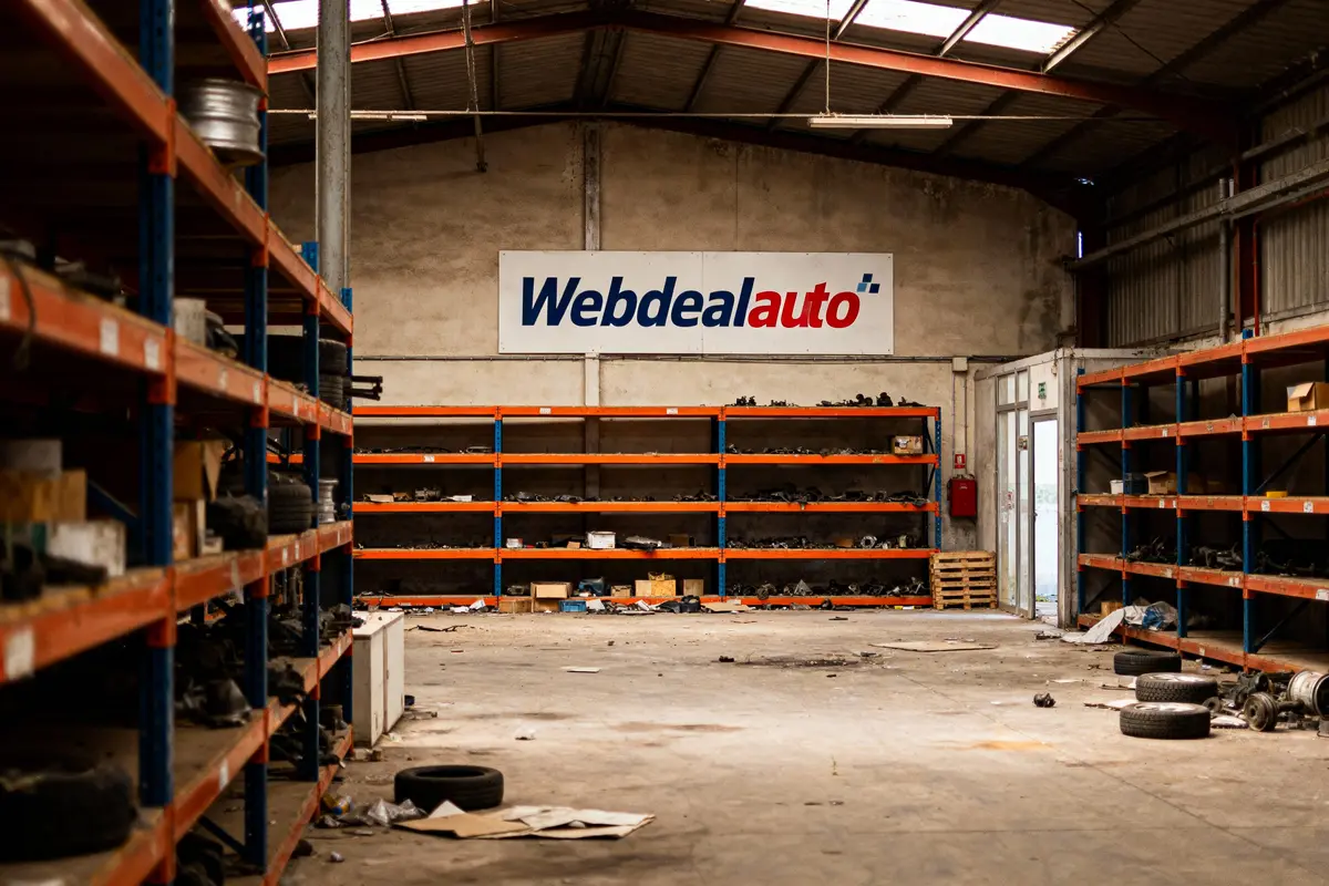 Entrepôt industriel, rayonnages bleus et orange, enseigne "Webdealauto", pneus et pièces auto entreposés, éclairage naturel.
