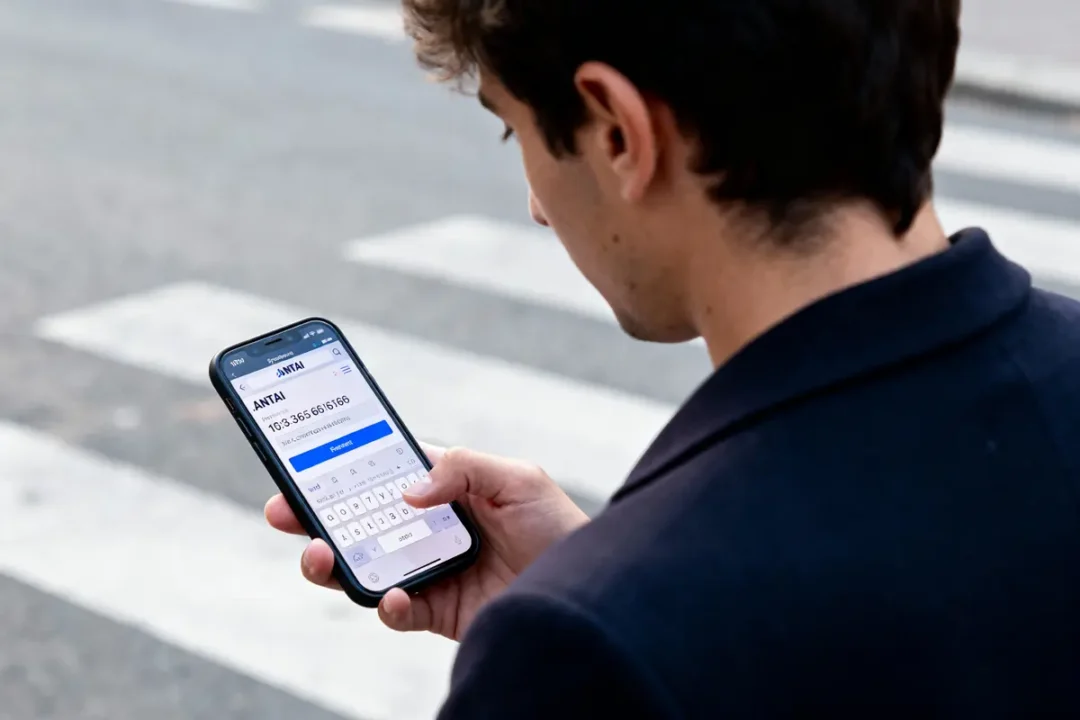 Un homme utilise un smartphone avec une application ANTAI, à l'extérieur, près d'un passage piéton.