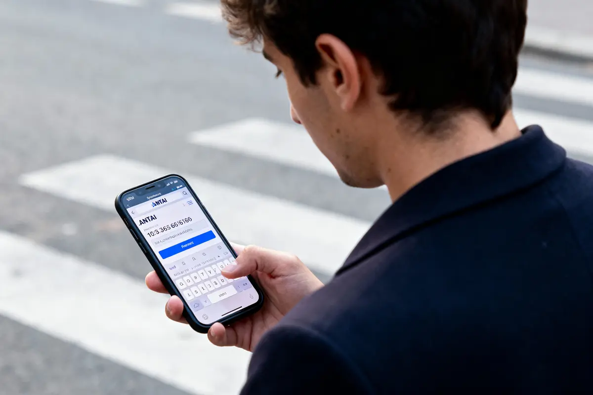Un homme utilise un smartphone avec une application ANTAI, à l'extérieur, près d'un passage piéton.
