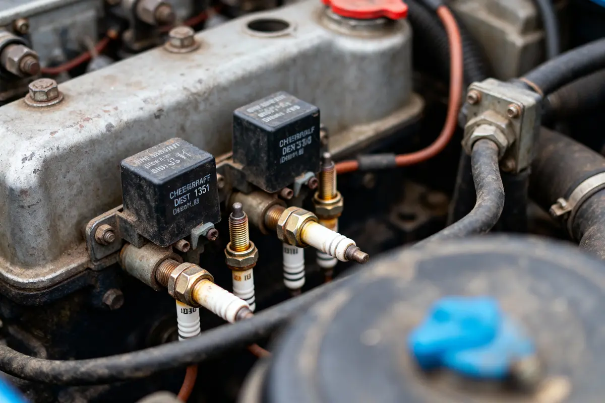 Composants électriques de moteur, dont des bougies d'allumage et bobines, câblage visible dans le compartiment moteur.