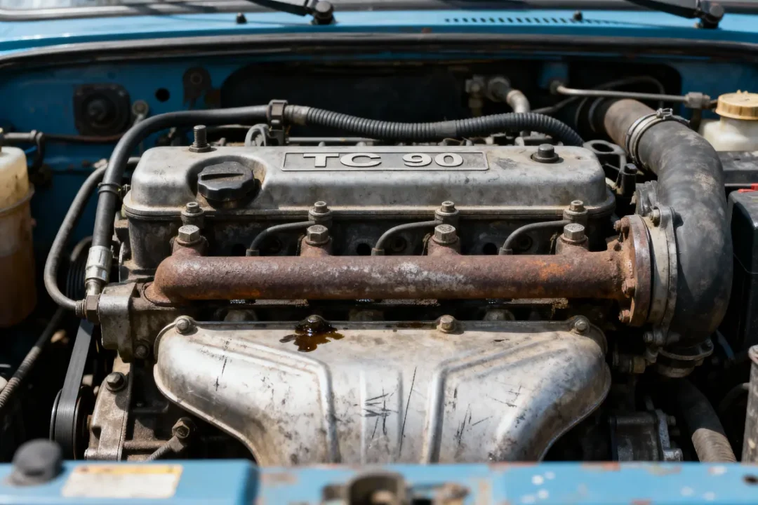 Moteur TC 90 rouillé avec fuites d'huile, composé de tuyaux et composants vieillissants dans le capot d'une voiture.