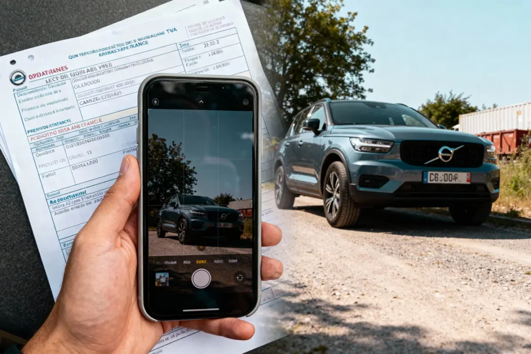 Smartphone prend une photo d'un SUV Volvo bleu, avec documents administratifs en arrière-plan. Lumineux et extérieur.