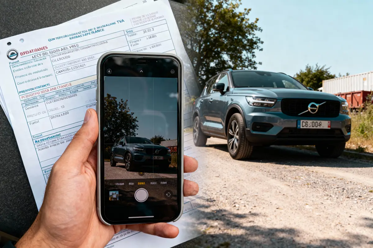 Smartphone prend une photo d'un SUV Volvo bleu, avec documents administratifs en arrière-plan. Lumineux et extérieur.
