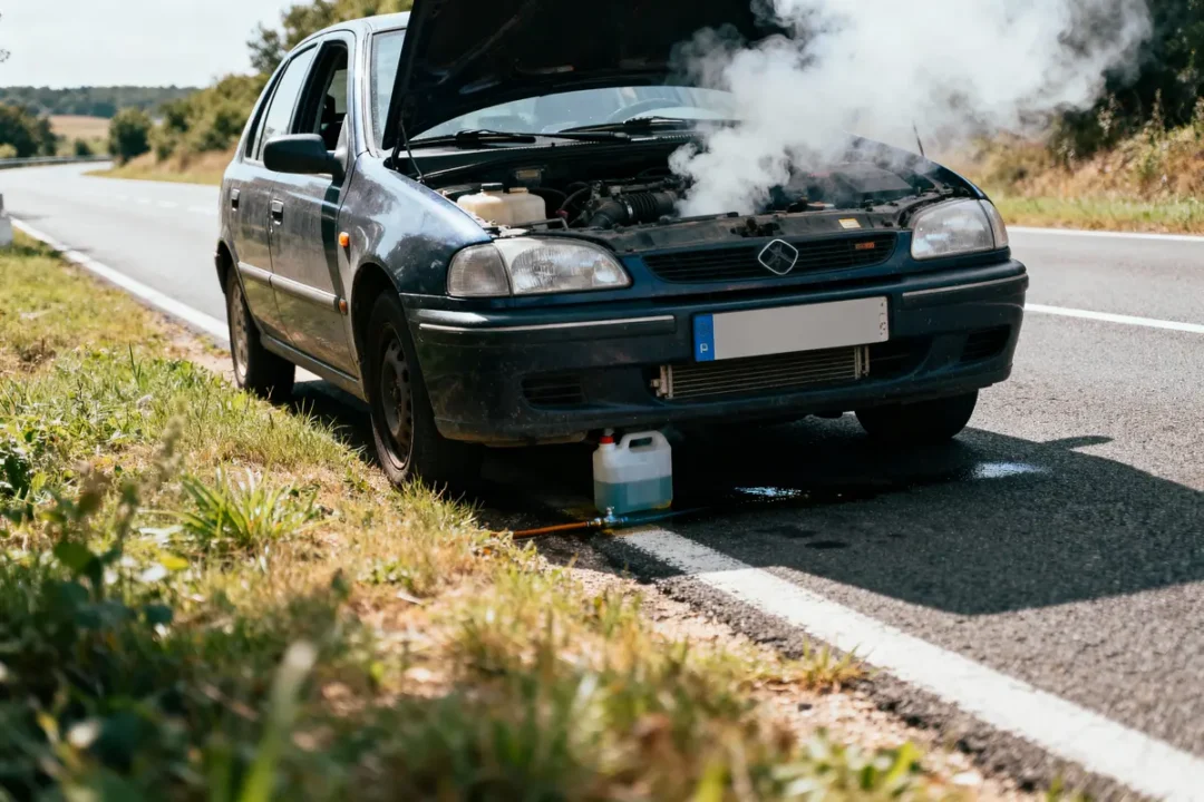 Voiture en panne sur le bord de la route, capot ouvert, fumée s'échappant du moteur.