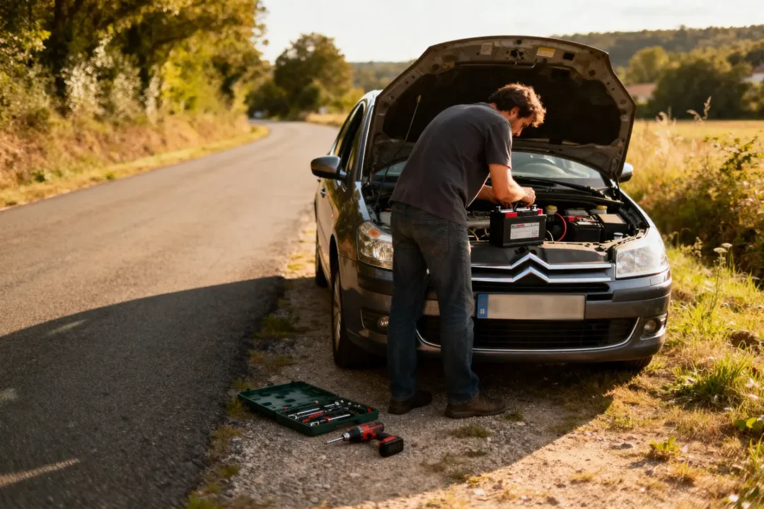Homme remplaçant la batterie d'une voiture Citroën en panne sur une route de campagne, boîte à outils au sol.