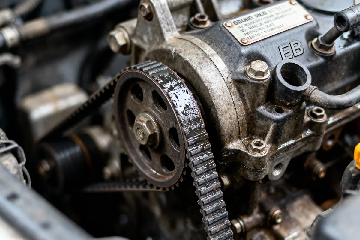 Moteur automobile détaillé avec courroie dentée visible, pièces métalliques et étiquette gravée.
