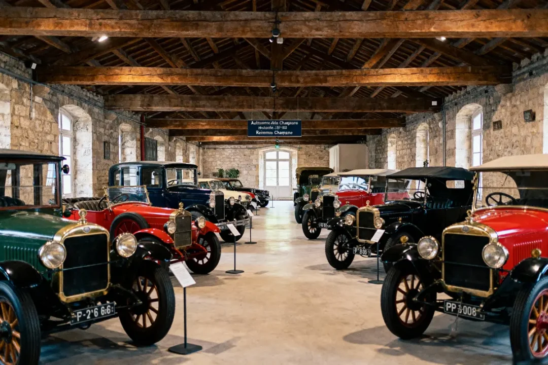 Salle d'exposition de voitures anciennes colorées, alignées dans un bâtiment en pierre avec toit en bois.