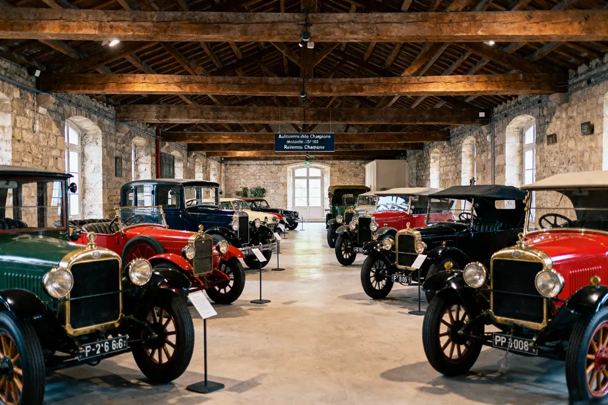 Salle d'exposition de voitures anciennes colorées, alignées dans un bâtiment en pierre avec toit en bois.