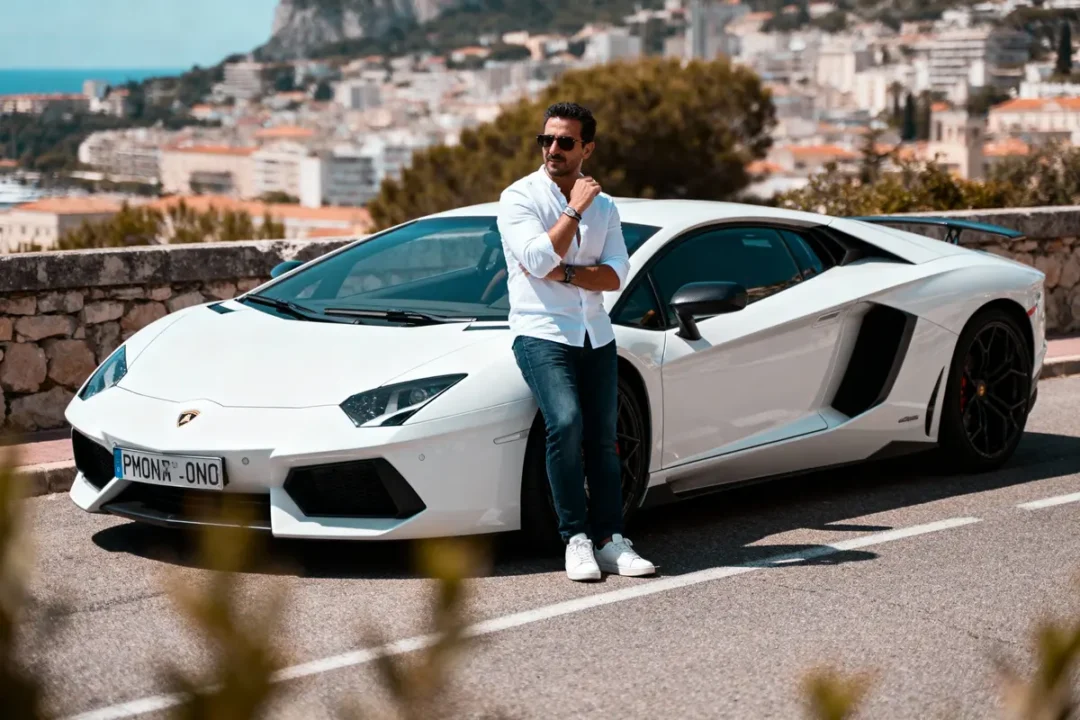Homme posant devant une Lamborghini blanche sur une route panoramique avec ville en arrière-plan.