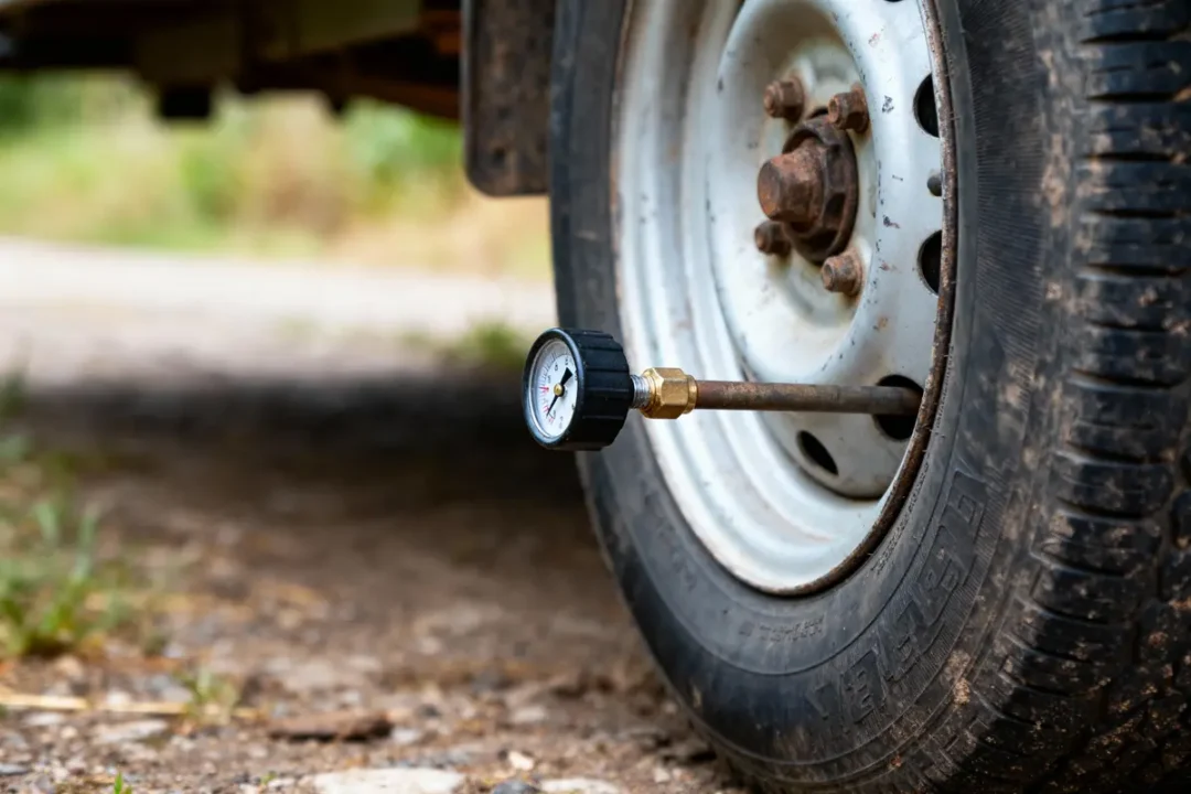 Manomètre connecté à une valve de pneu de voiture garée sur une route en terre par temps clair.