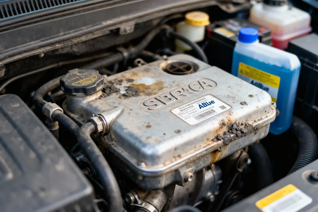Compartiment moteur avec réservoir AdBlue, étiquette Serca, et réservoir de liquide bleu, usure visible.