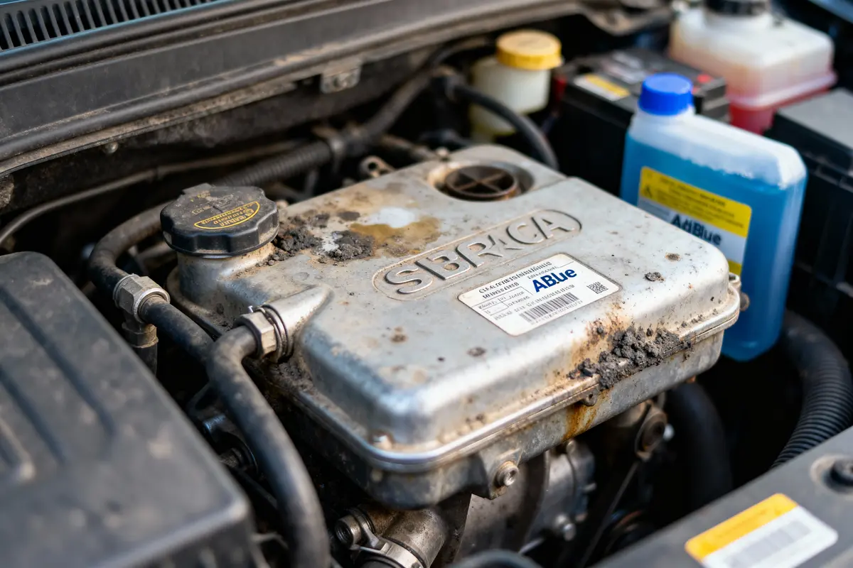 Compartiment moteur avec réservoir AdBlue, étiquette Serca, et réservoir de liquide bleu, usure visible.