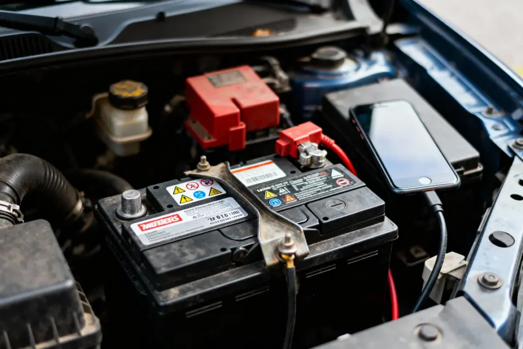 Batterie de voiture avec smartphone connecté par câble USB dans un compartiment moteur ouvert.