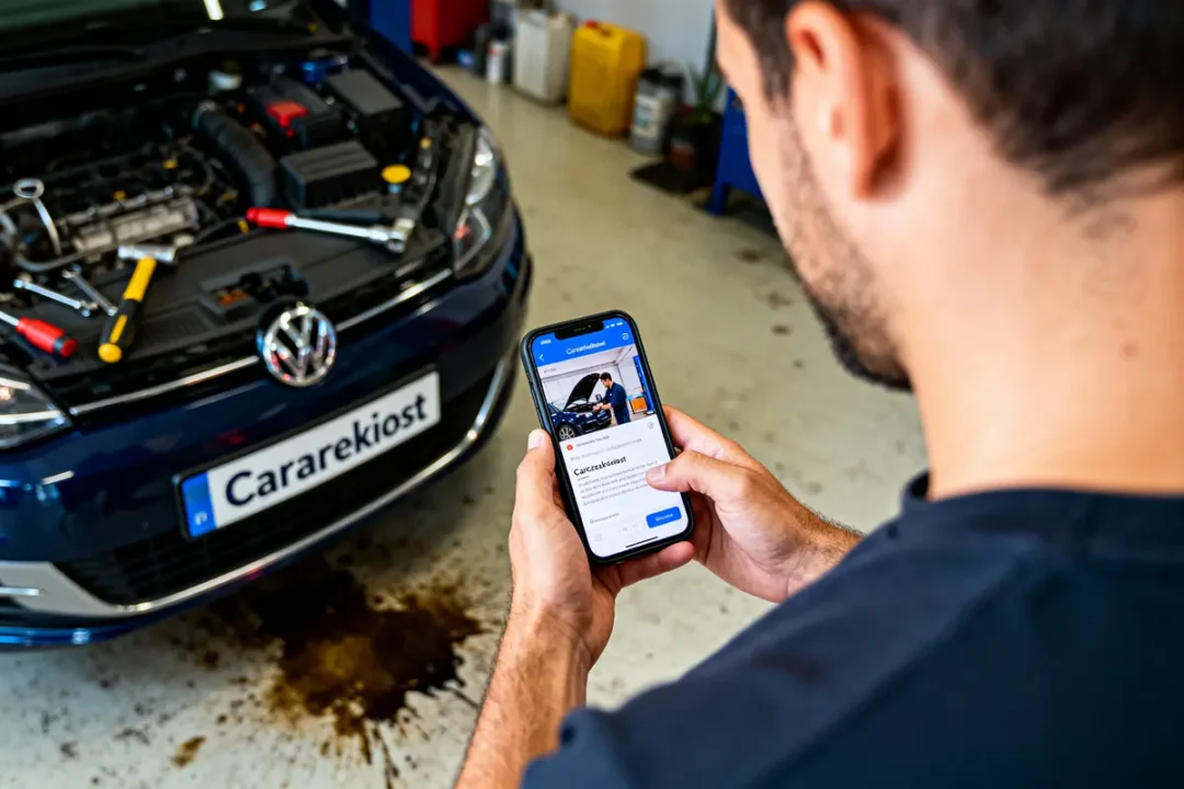 Homme utilisant smartphone devant voiture Volkswagen en réparation avec capot ouvert et outils visibles.