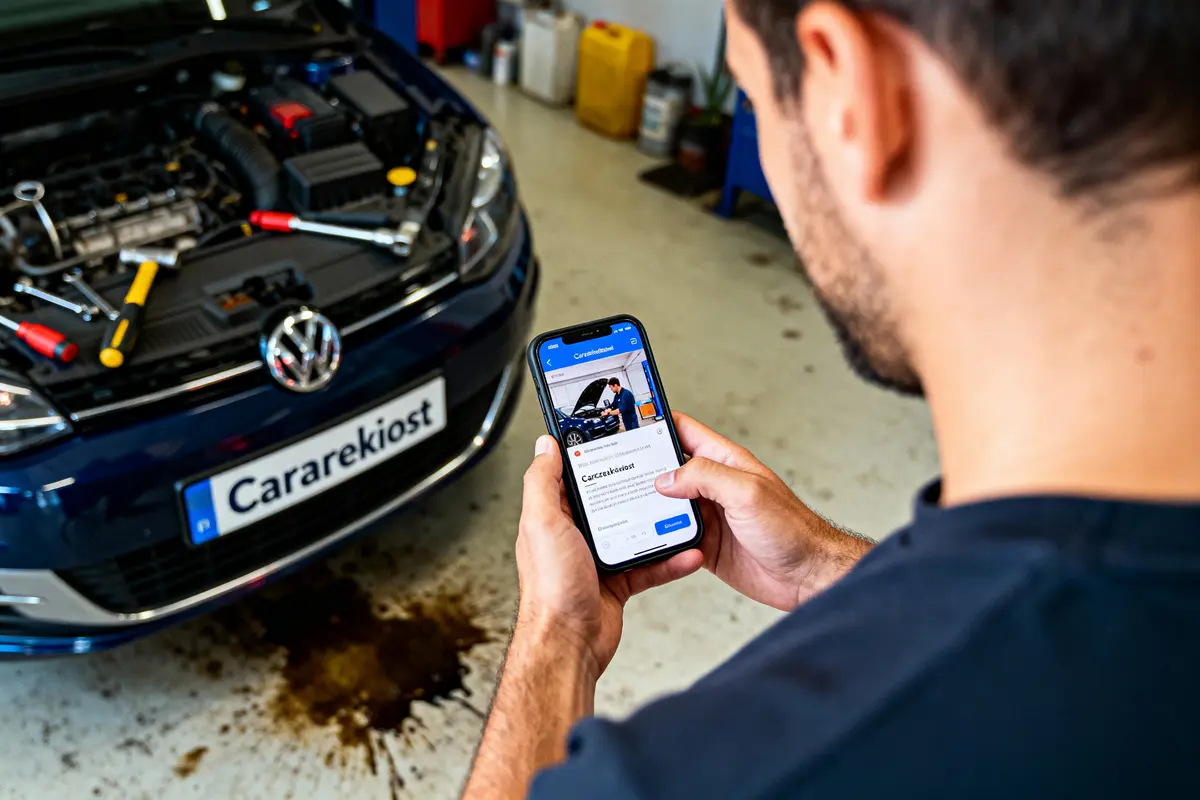 Homme utilisant smartphone devant voiture Volkswagen en réparation avec capot ouvert et outils visibles.