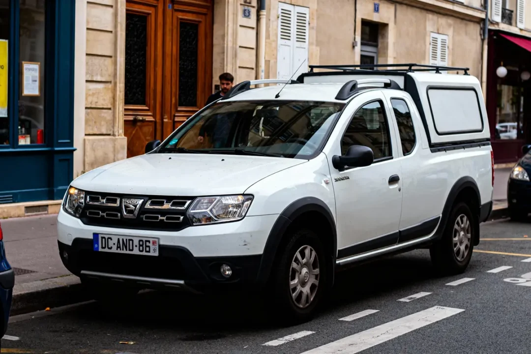 Pick-up blanc Dacia stationné dans une rue urbaine, avec immeubles en arrière-plan. Plaque d'immatriculation visible.