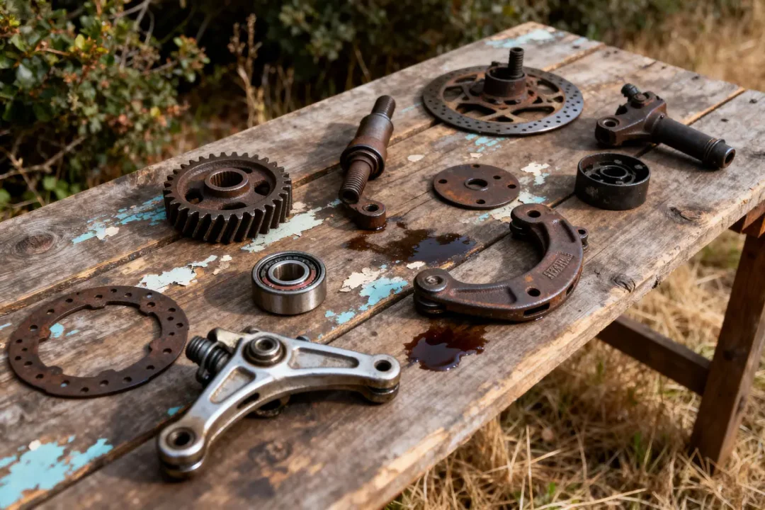 Pièces mécaniques rouillées dispersées sur une vieille table en bois à l'extérieur, avec végétation en arrière-plan.