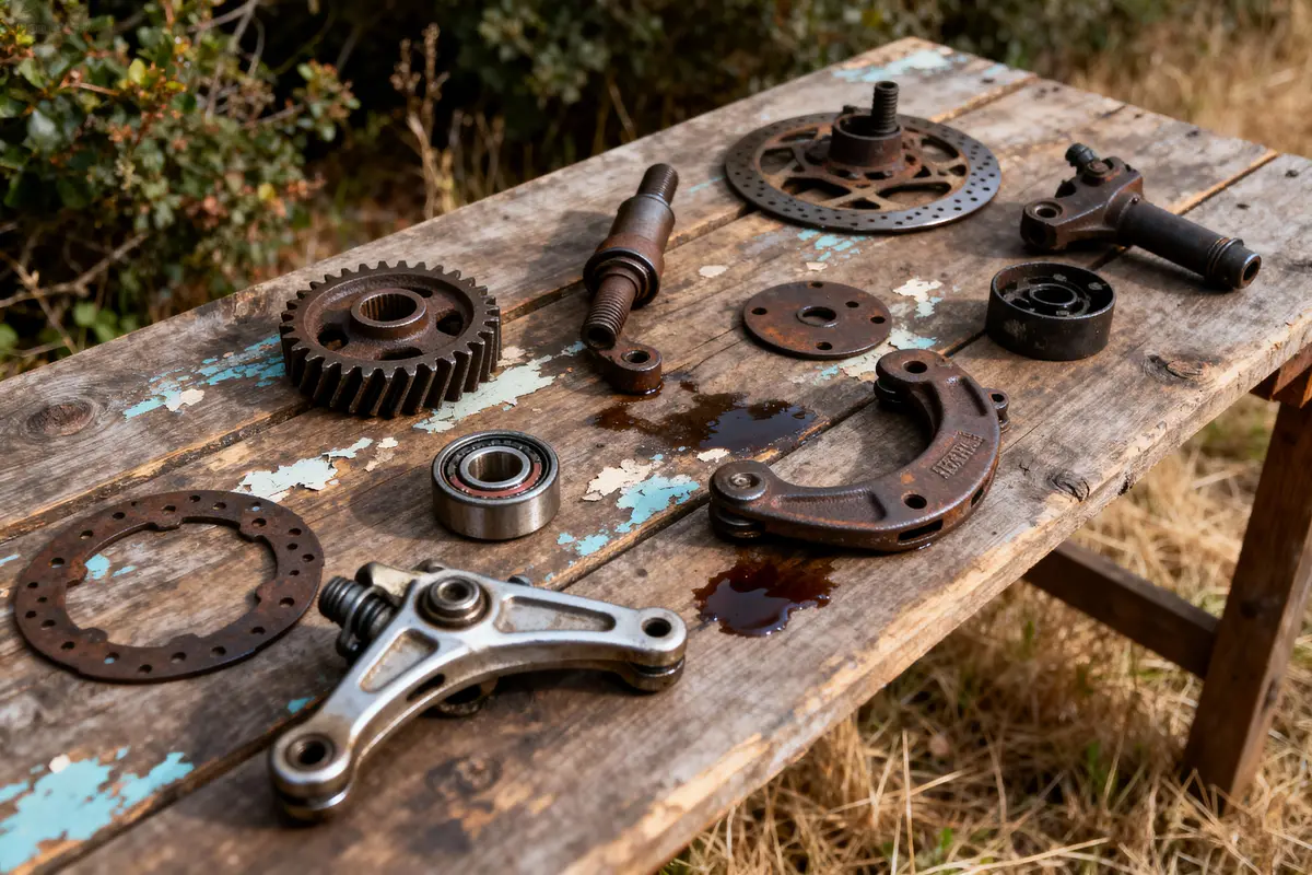 Pièces mécaniques rouillées dispersées sur une vieille table en bois à l'extérieur, avec végétation en arrière-plan.