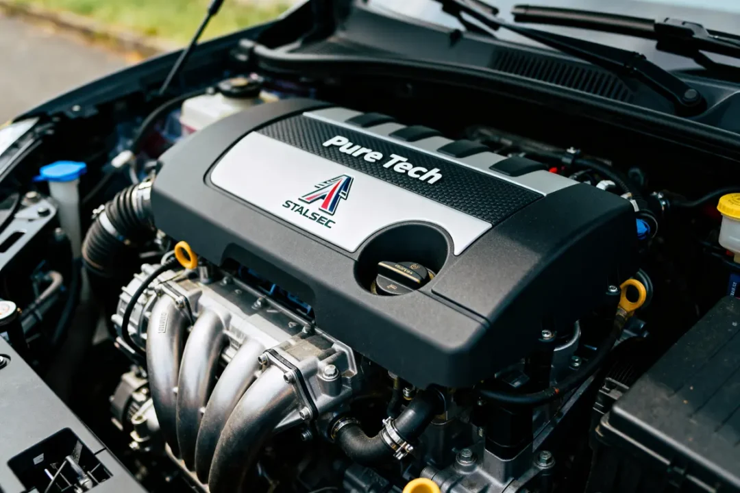 Moteur de voiture Pure Tech avec inscription "Stalsec", dans un capot ouvert.