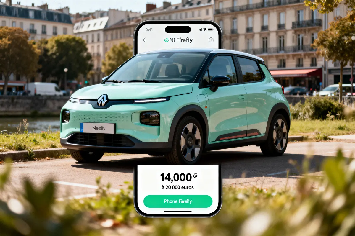 Voiture électrique verte stationnée, interface d'application de vente avec prix visible en bas de l'image.