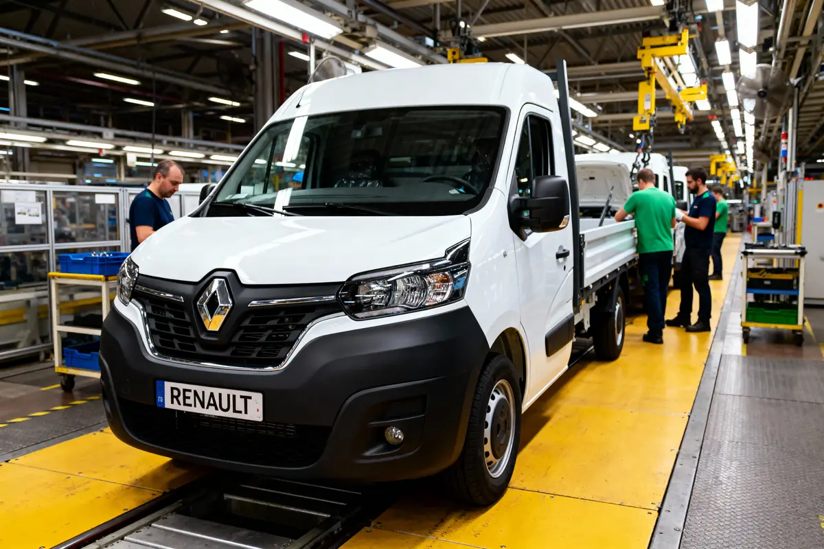 Fourgon Renault blanc sur chaîne de montage d'usine avec ouvriers travaillant en arrière-plan.