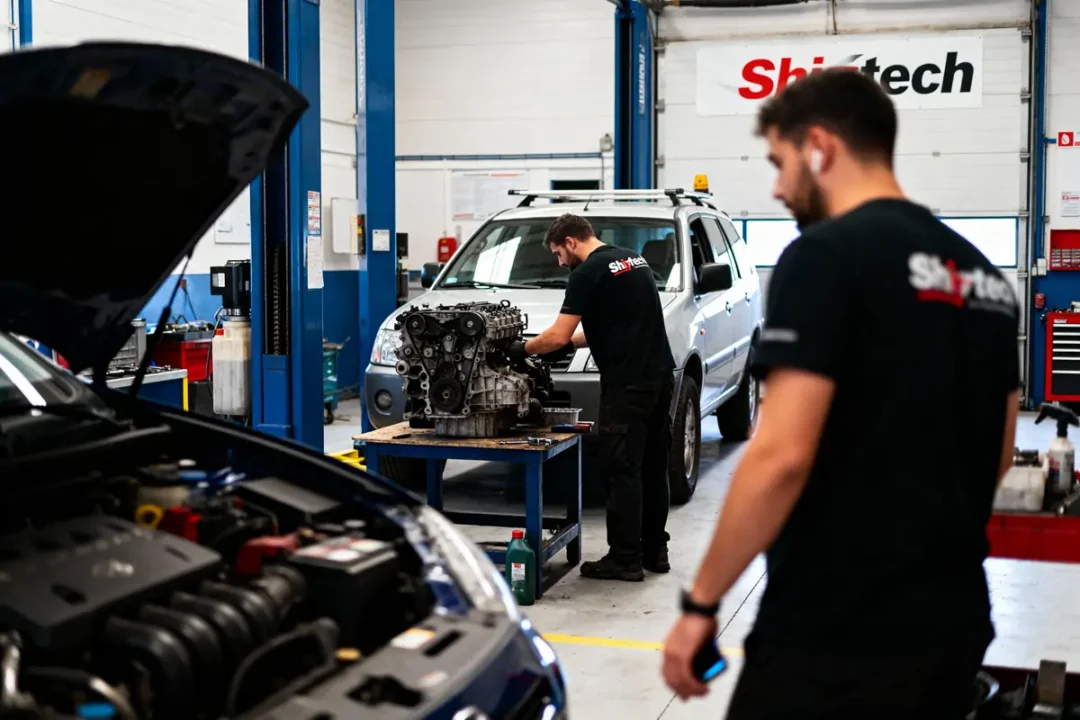Mécaniciens travaillant dans un garage auto, un moteur sur établi et un véhicule derrière eux.