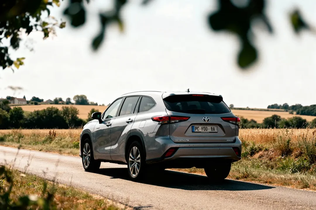 SUV gris sur une route de campagne, entouré de champs et arbres sous un ciel clair.
