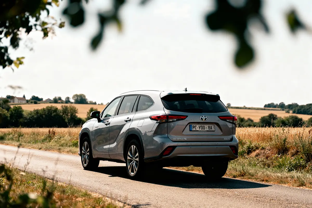 SUV gris sur une route de campagne, entouré de champs et arbres sous un ciel clair.