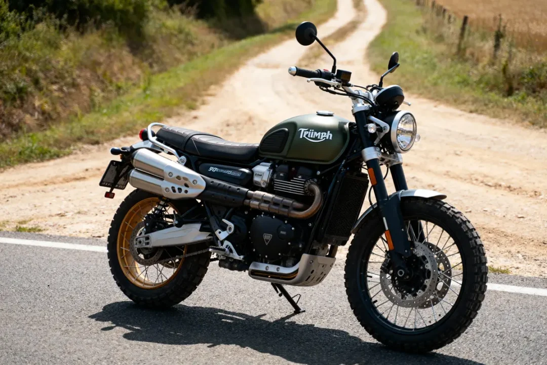 Moto verte Triumph stationnée sur une route de campagne ensoleillée avec chemins de terre environnants.