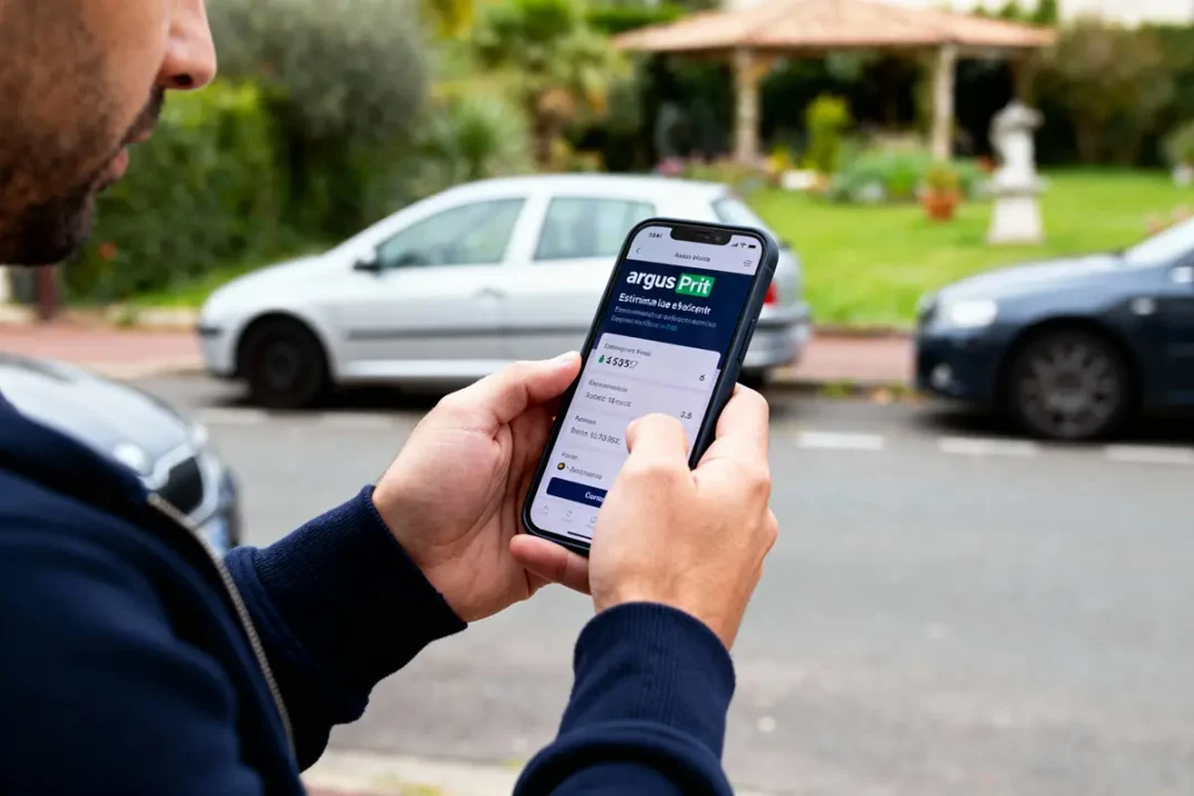 Homme utilisant une application d'estimation de voiture sur smartphone, rue avec voitures en arrière-plan.