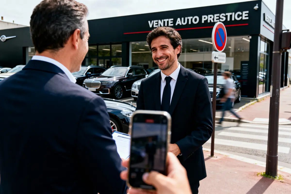 Un homme souriant en costume devant une concession automobile, avec une personne photographiant avec un smartphone.