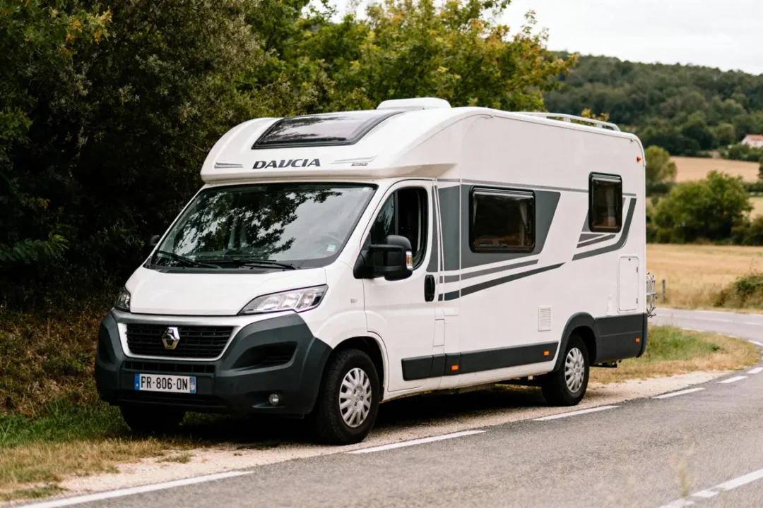 Camping-car blanc stationné sur une route de campagne, entouré d'arbres et de champs verdoyants.