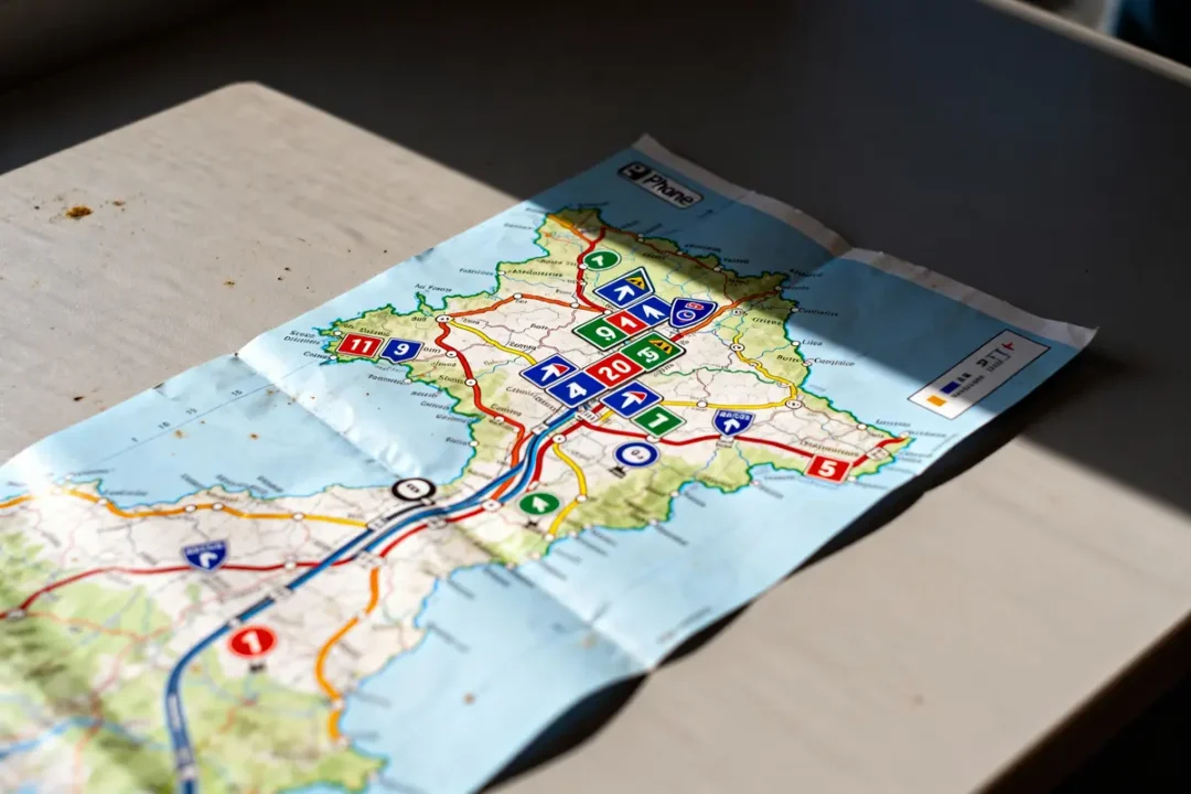 Carte routière en papier sur une table, montrant des routes et numéros colorés en Corse.