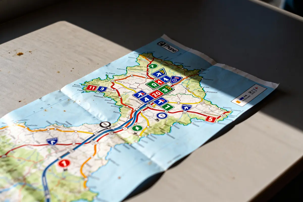 Carte routière en papier sur une table, montrant des routes et numéros colorés en Corse.