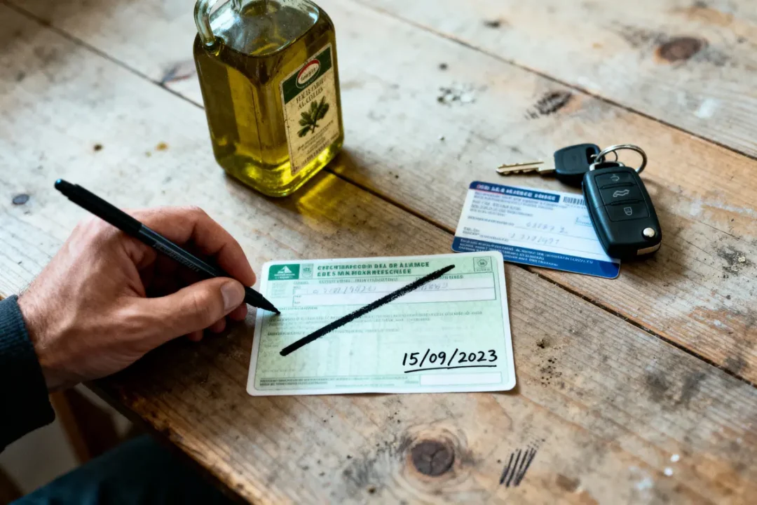 Une main écrit sur document vert, près de clés et bouteille sur table en bois.