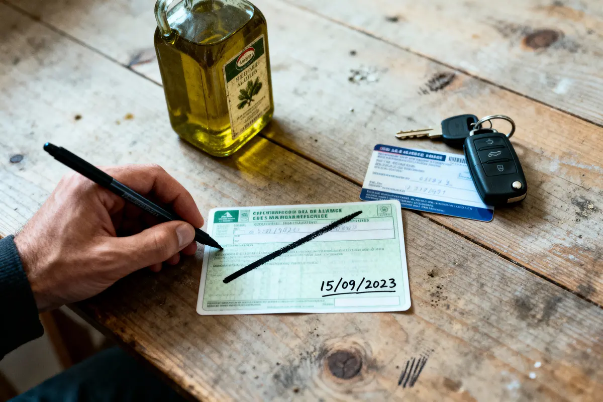 Une main écrit sur document vert, près de clés et bouteille sur table en bois.