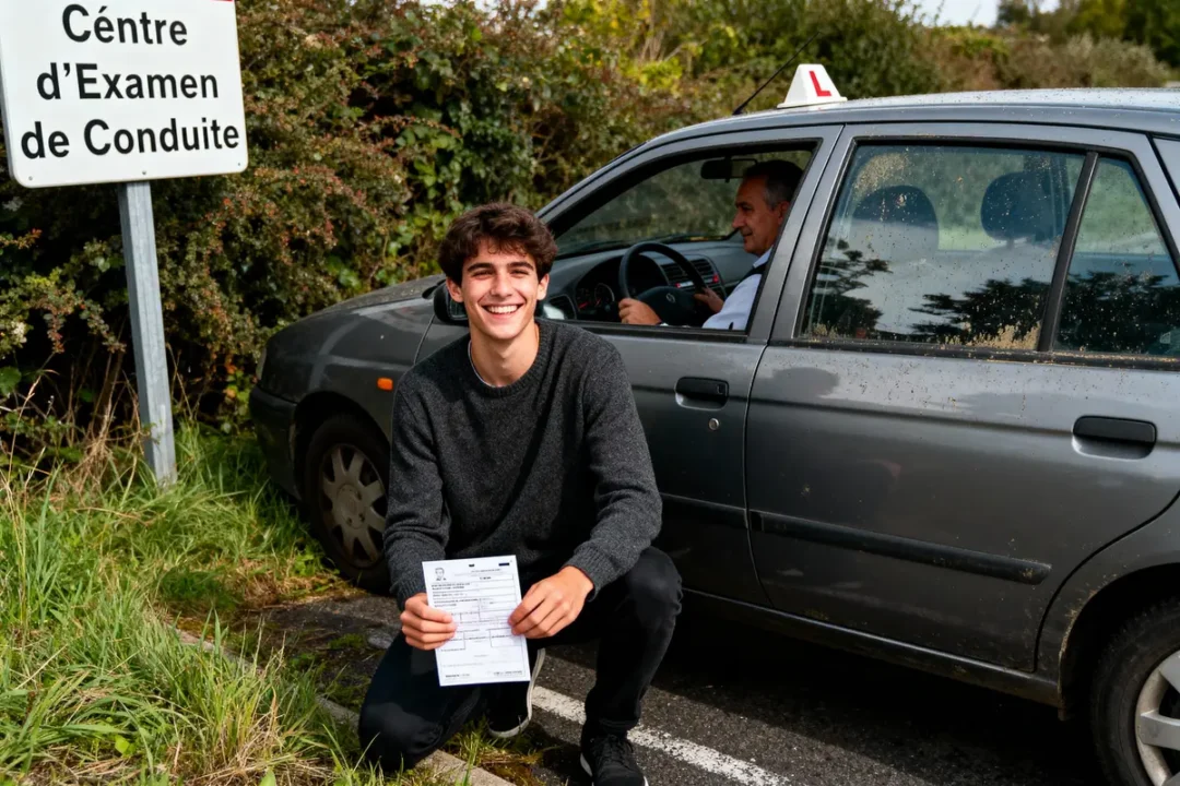 Jeune homme souriant tenant un document, devant voiture d’examen de conduite avec moniteur assis dedans.
