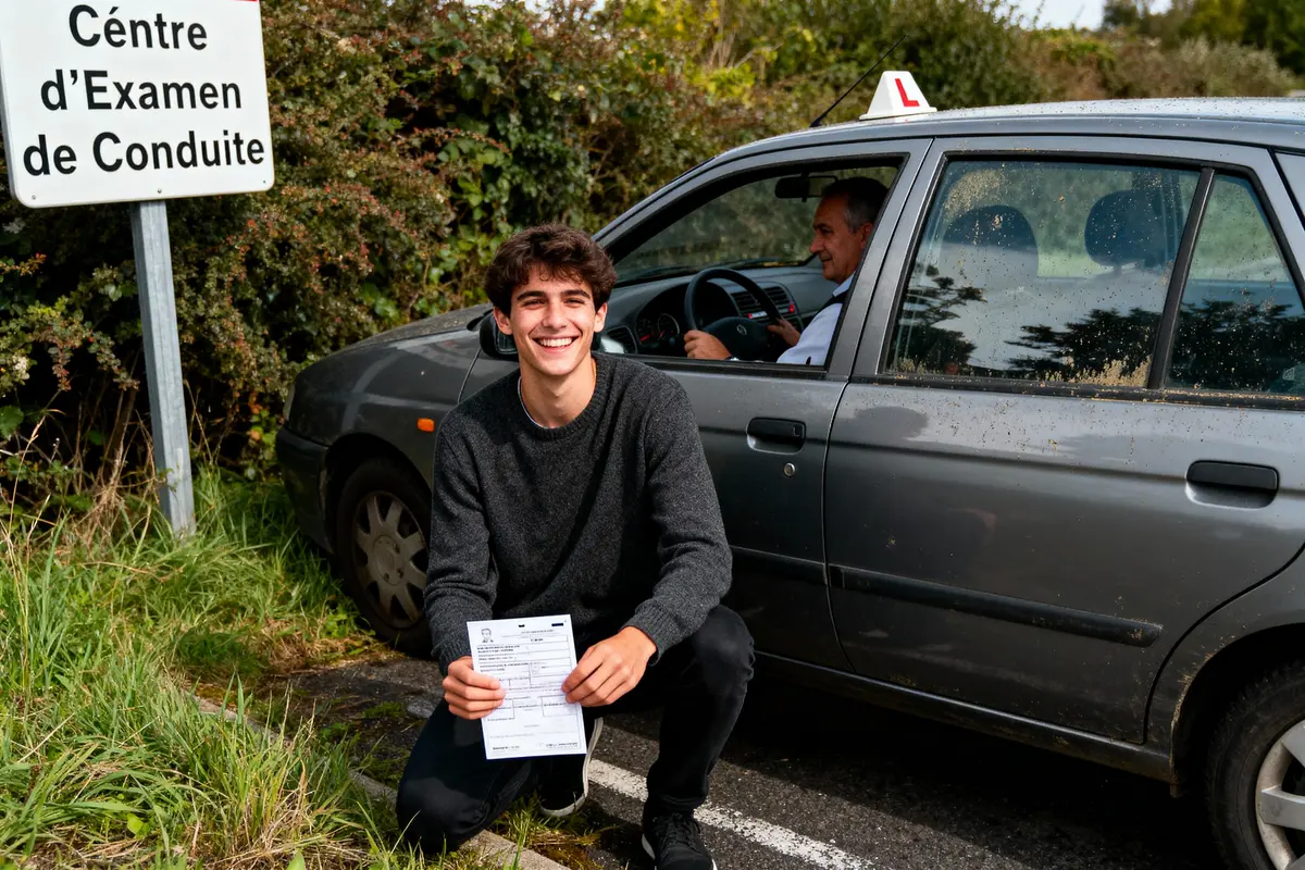 Jeune homme souriant tenant un document, devant voiture d’examen de conduite avec moniteur assis dedans.