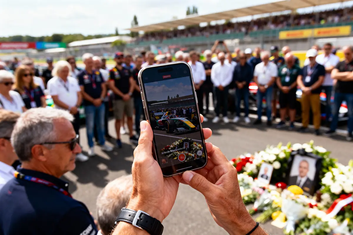Personne filme avec smartphone, foule en arrière-plan, piste de course, hommage floral avec photo en premier plan.