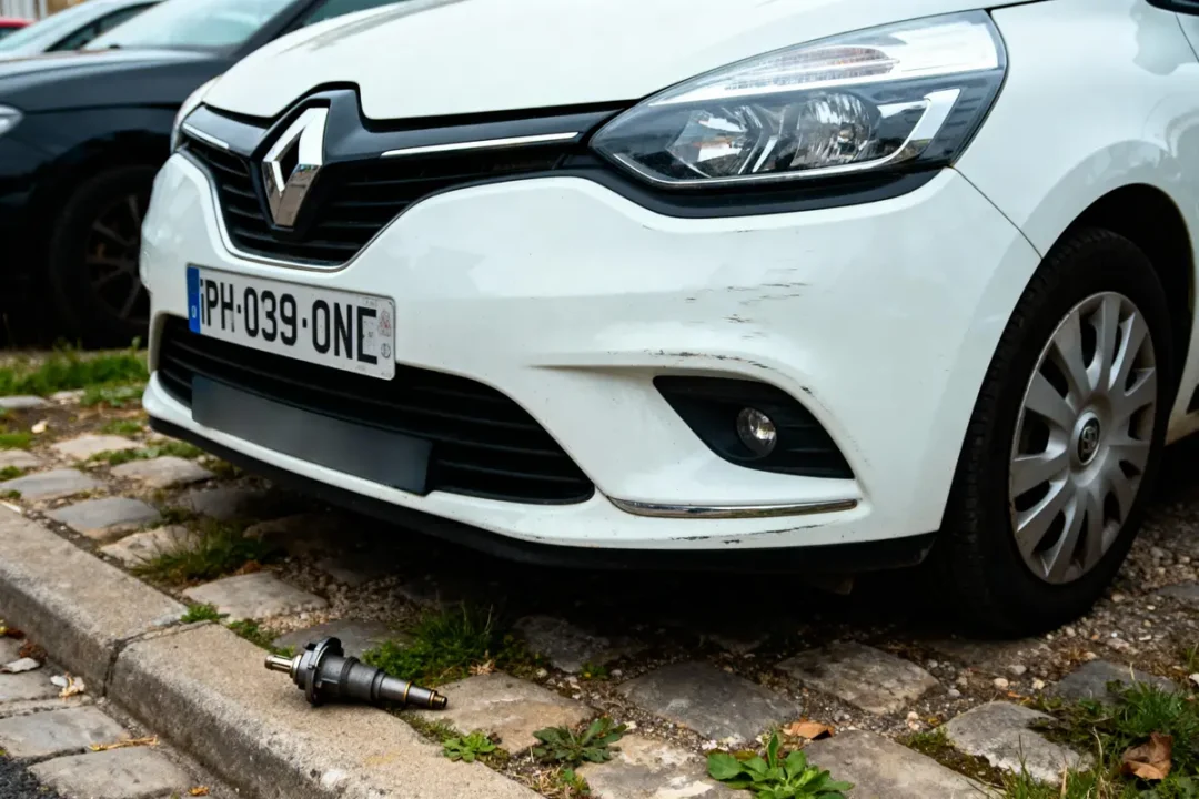Voiture Renault blanche avec plaque française, éraflée à l'avant, injecteur automobile au sol.