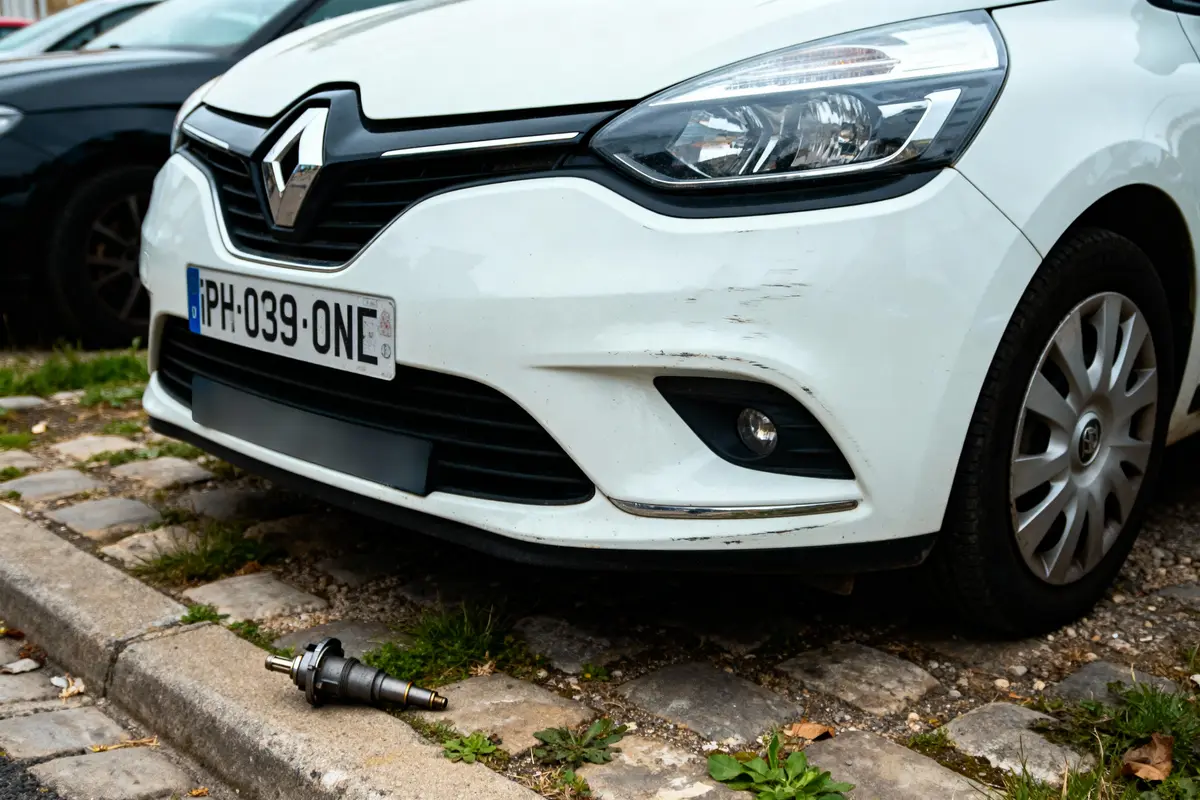 Voiture Renault blanche avec plaque française, éraflée à l'avant, injecteur automobile au sol.