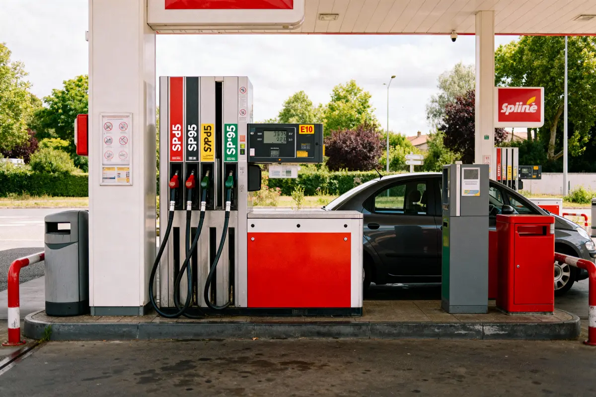 Station-service avec pompes à essence et voiture noire à l'arrêt, enseigne "Spliné" en arrière-plan.