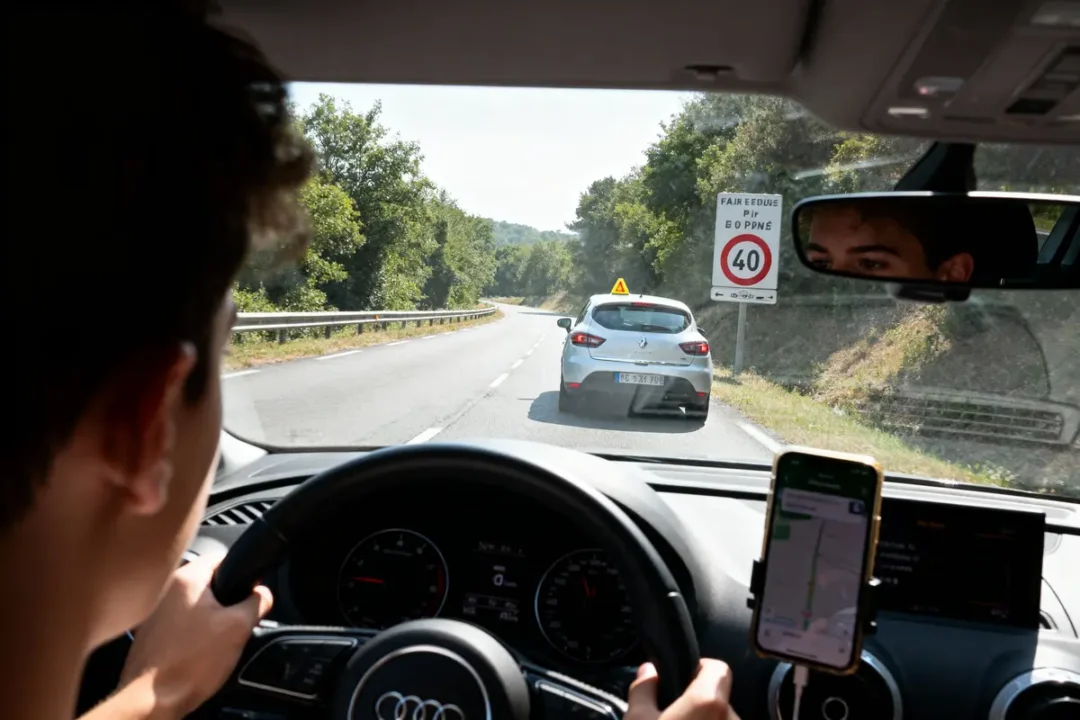Un conducteur suit une voiture auto-école sur route limitée à 40 km/h, téléphone GPS visible.