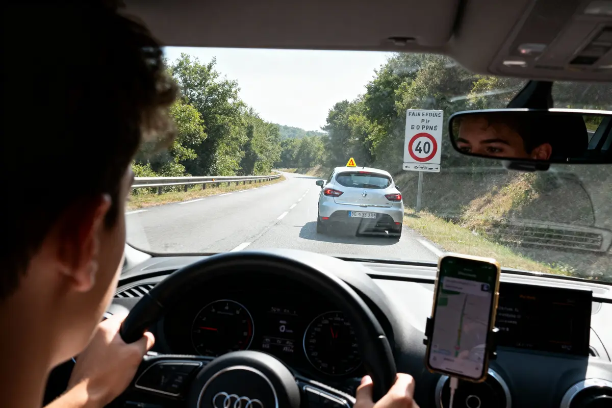 Un conducteur suit une voiture auto-école sur route limitée à 40 km/h, téléphone GPS visible.