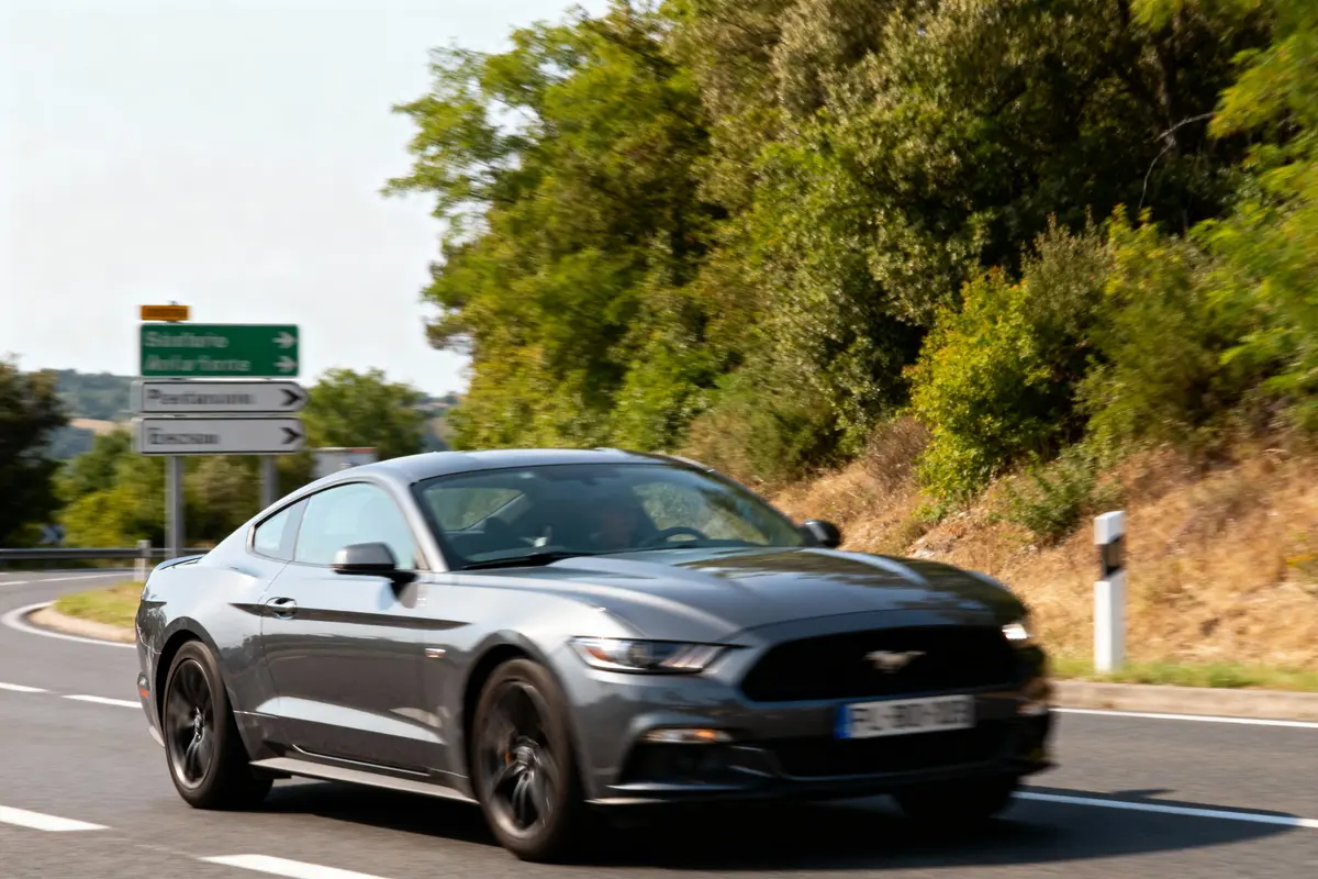 Voiture grise en mouvement sur route sinueuse entourée de verdure et panneaux routiers.