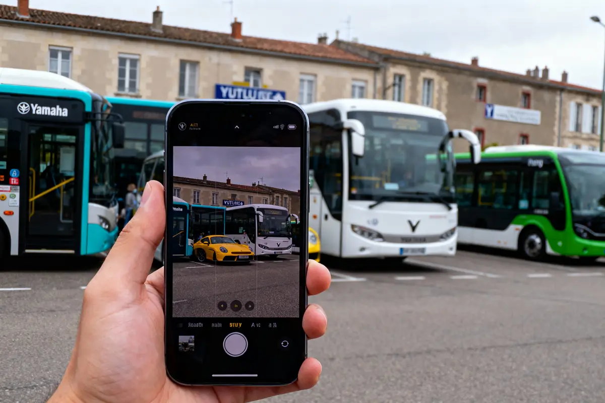 Main tenant un smartphone montrant une voiture jaune devant des bus stationnés sur un parking urbain.