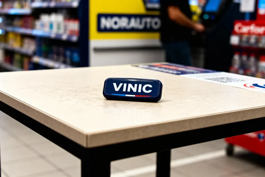 Plaque nommée "VINIC" sur une table, devant un comptoir Norauto avec étagères floues en arrière-plan.